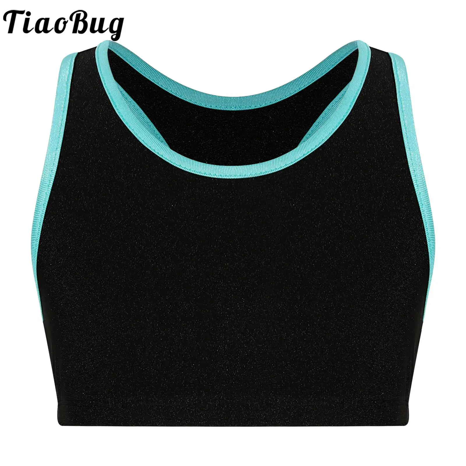 

Kids Girls Racer Back Sleeveless Crop Tops Casual Wear Contrast Trim Stretch Sport Tops for Swimming Fitness Running Cycling