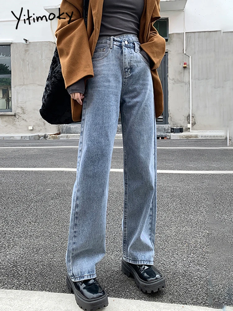 

Женские джинсы Yitimoky, асимметричные длинные джинсовые брюки с высокой талией, на пуговицах, свободные винтажные синие широкие штаны, модные ...