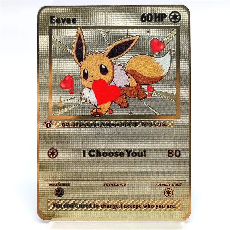 

Pokémon Cards Kawaii Anime Figure Eevee I Choose You Metal Game Battle Collectible Cards Kids Toys Birthday Gifts