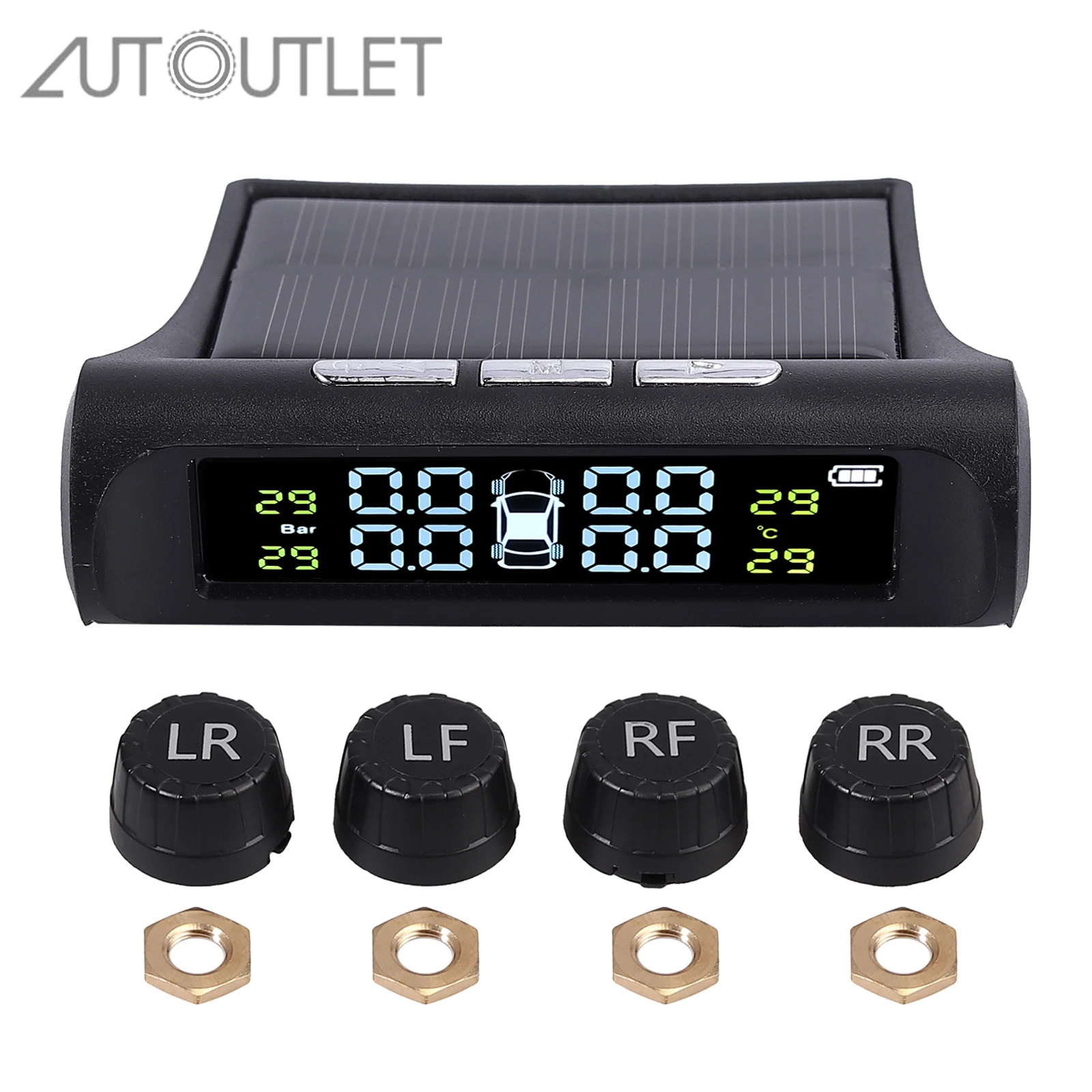 

Система контроля давления в шинах AUTOUTLET, беспроводная система контроля давления в шинах с 4 датчиками, питание от солнечной батареи, цифрово...