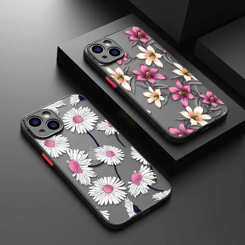 

White Purple Flower Luxury TPU Matte Phone Case For iPhone 11 Case For iPhone 14 13 12 Pro Max Mini X XR Xs 8 6 7 Plus Cover