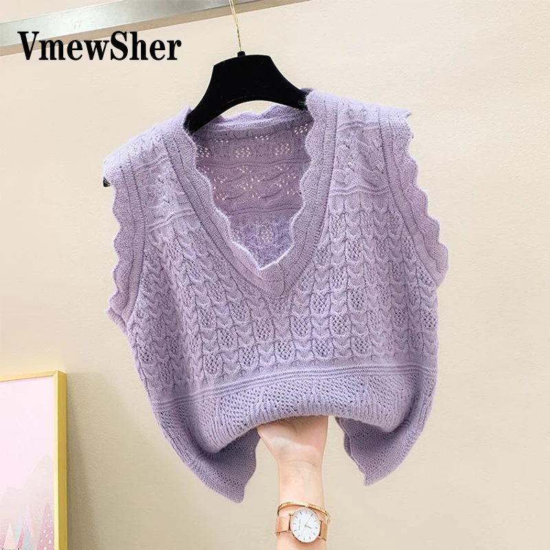 

Женский трикотажный жилет VmewSher, однотонный Повседневный пуловер с V-образным вырезом и волнистыми краями, базовый джемпер, осень 2023