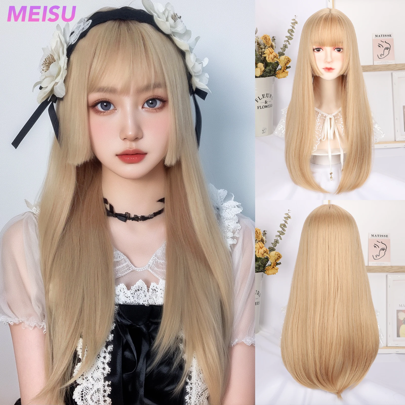 MEISU золотой длинный прямой парик принцесса челка 26 дюймов синтетическое волокно