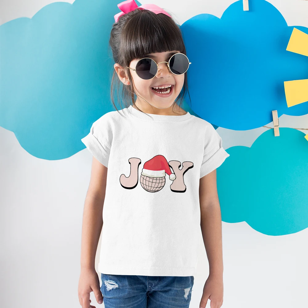 Joy Children's T-shirts Christmas Cartoon Sweet Cute Girl Clothes Short Sleeve Toddler Tee Kawaii Harajuku Fashion Kids Tops