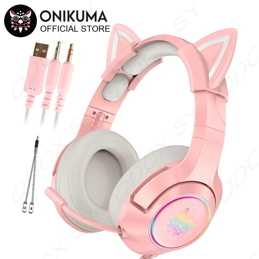 ONIKUMA K9 Gaming Headset casque Cute Girl Pink Cat Ear Stereo Headphones with Mic & LED Light for Laptop Computer Gamer