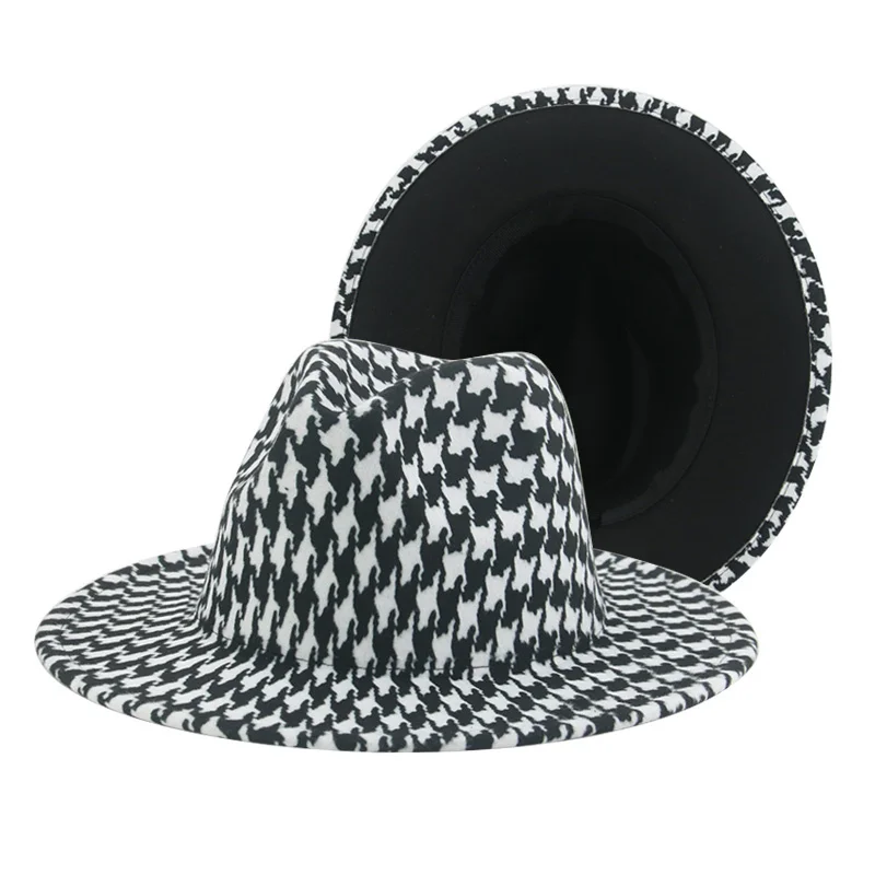 

Fedoras Winter Women Hats Houndstooth Plaid Patchwork Hats for Women Fashion Hats for Men Felted Fedora Hat New Chapeau Femme