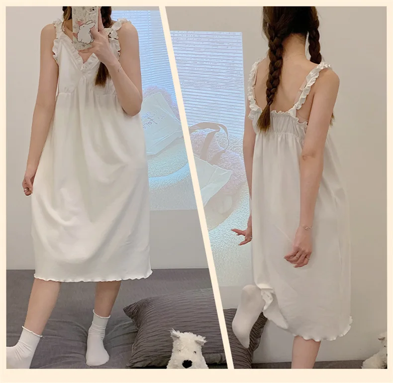 Yasuk Spring Summer Women's Casual Girl Solid Lovely Pullover Sleepwear Pajamas Set Skirt Long Nightdress Lace Sleeveless