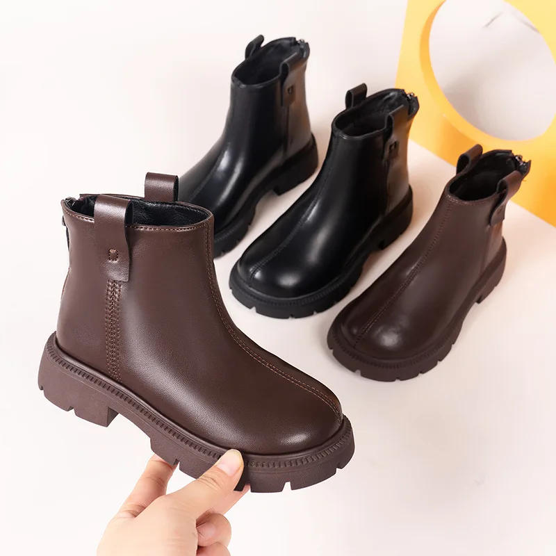 

New Autumn Winter Kids Non-slip Martin Boots Waterproof Children's Rubber Outsole Zipper Leather Ankle Boots Girls Fashion Shoes