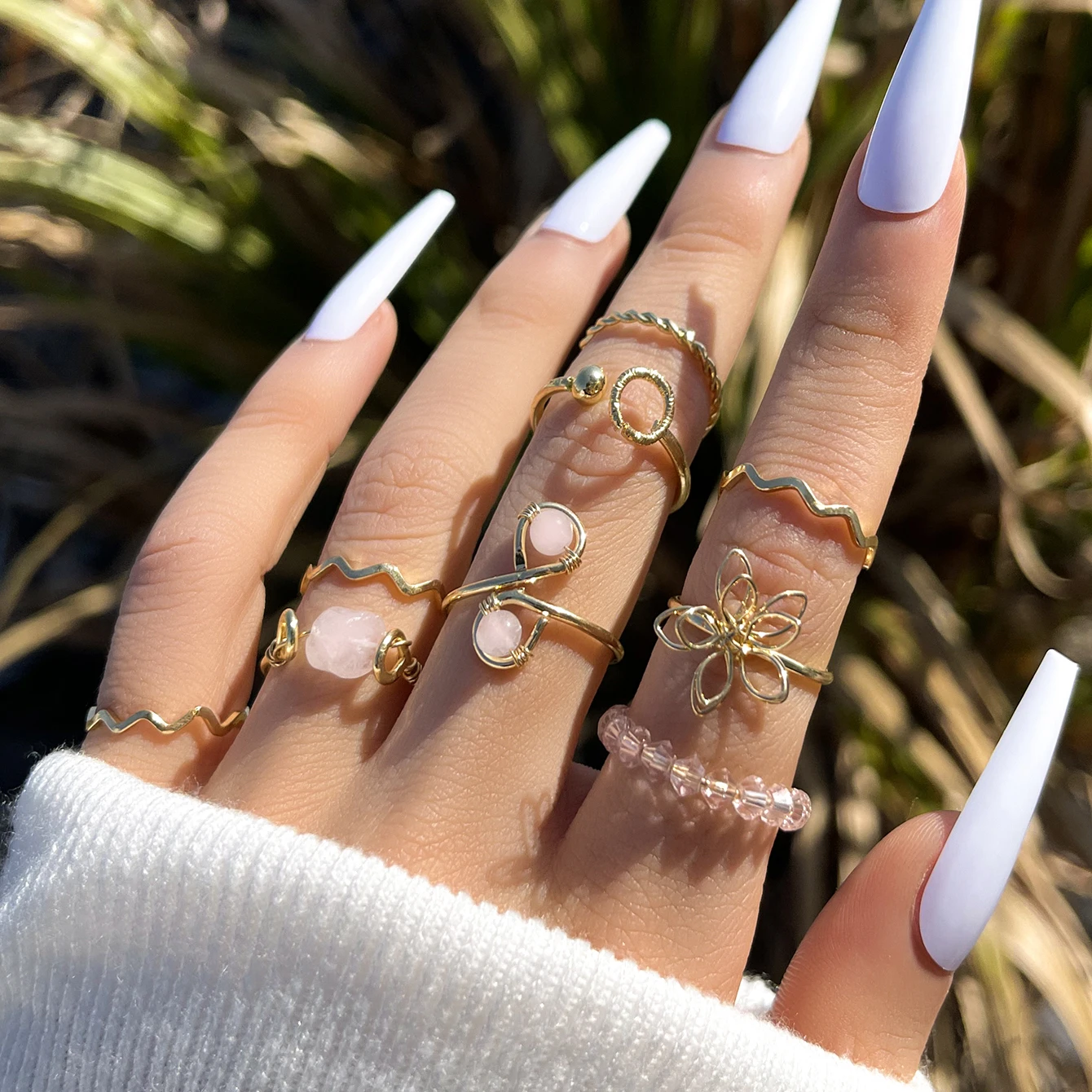 

Aprilwell Bohemia Natural Stone Rings Set for Women Vintage Gold Plated Charms Weave Twisted Branch Anillos Female Jewelry Gifts