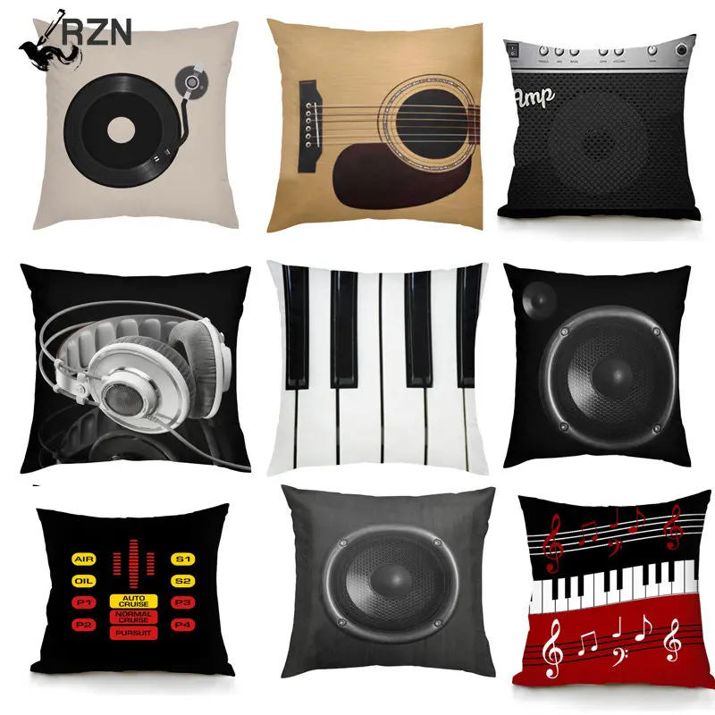 

Pop Band Cushion Cover Black Guitar Music Pillowcase Retro Speaker Piano Rock White Pillowcase Sofa Cover