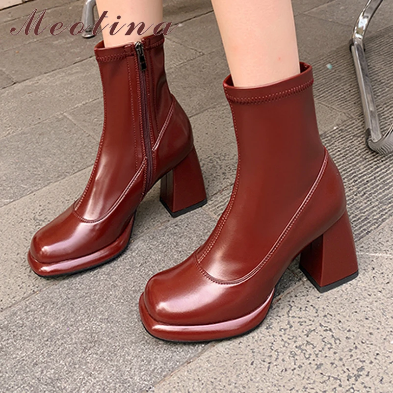 

Женские ботильоны с круглым носком Meotina, короткие ботинки на платформе и высоком массивном каблуке, на молнии, винно-красного цвета, Осень-зима
