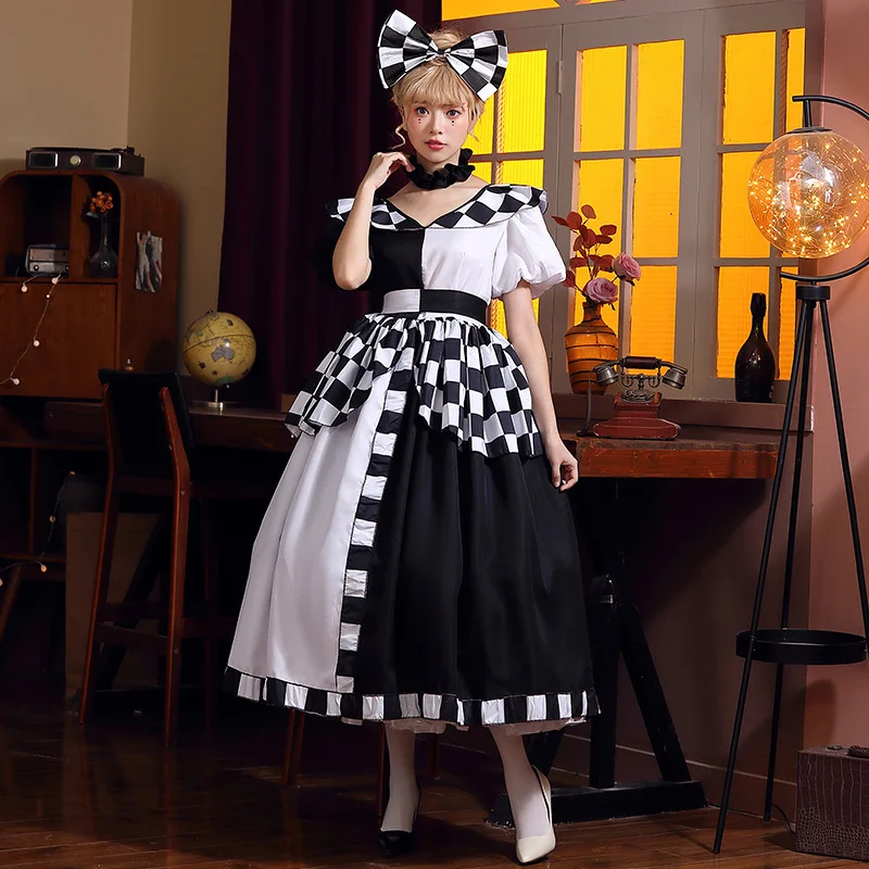 

Halloween Show Costume Cosplay Anime Game Black and White Queen Big Bow Dress Lolita Long Dress Everyday Uniform