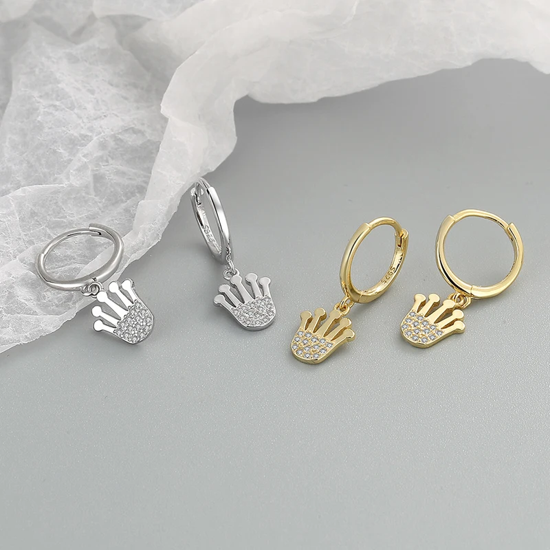 

KOFSAC New Cute Zircon CZ Crown Hoop Earrings For Women 925 Sterling Silver Earring Trendy Chic Lady Engagement Party Jewelry