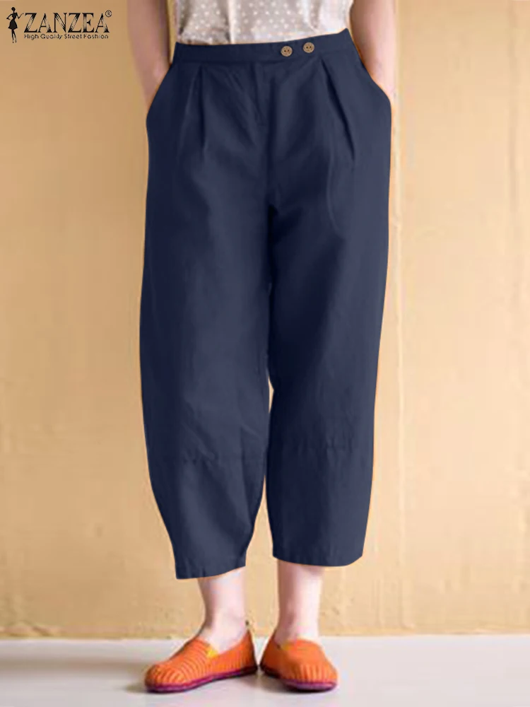 

2023 ZANZEA Female Fashion Pants Women Solid Color Ankle Length Pure Cotton Pantalon Spring Casual Holiday Trouser Loose Palazzo