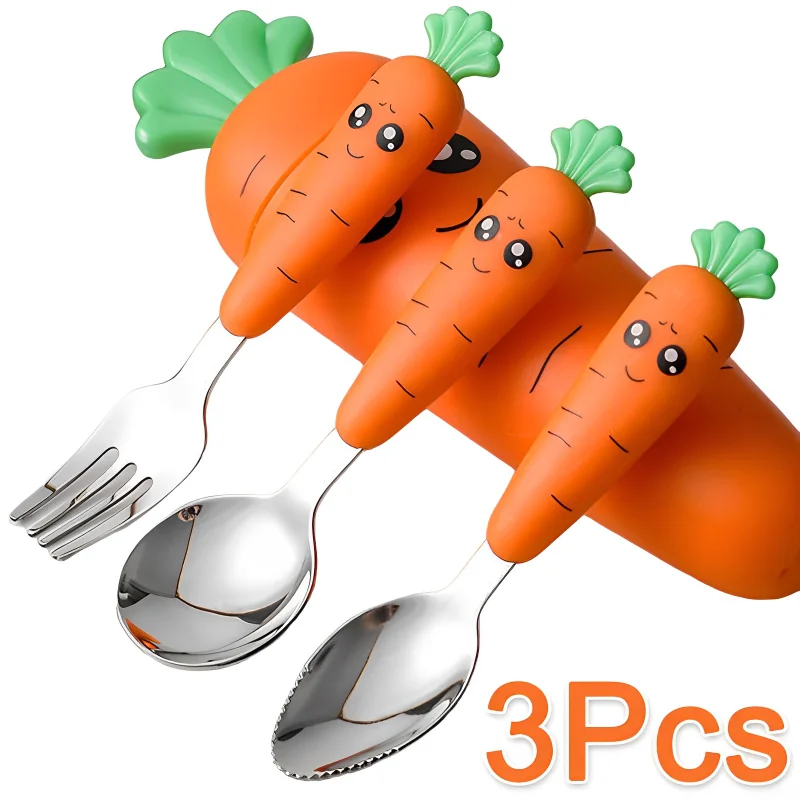 

3/1PCS Carrots Tableware Set Children Kid Dinnerware Stainless Steel Spoon Fork Flatware Baby Feeding Kitchen Tableware Supplies