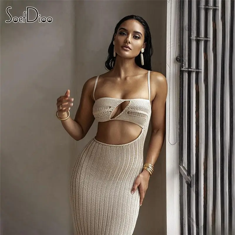 

Soefdioo Ribbed Knitting Sexy Hollow Out Backless Wrapped Chest Slim Hip Slip Dress 2023 Summer Fashion for Women Clothing