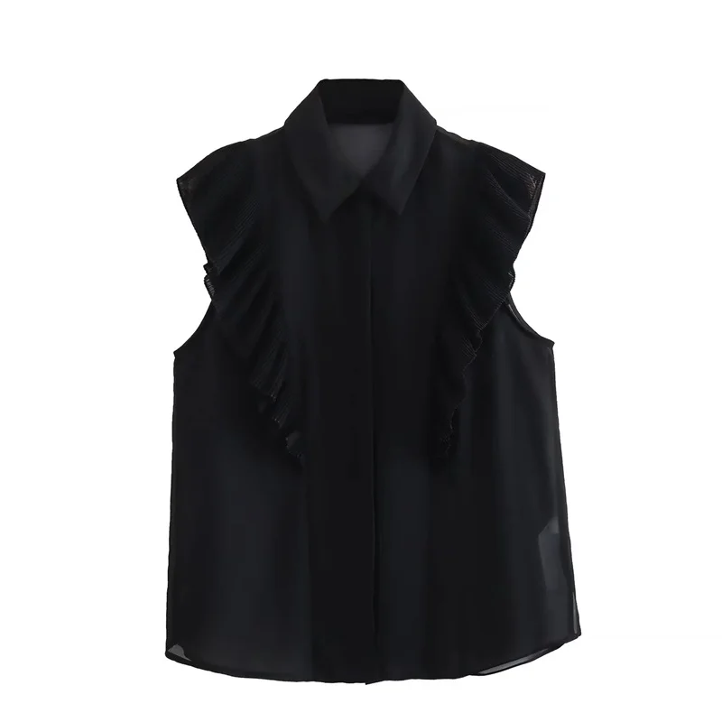 

TRAF Ladies Black Ruffles Semi-Sheer Shirt Lapel Sleeveless Ruffled Design Shirts Hidden Button New Casual Chic Summer Blusas