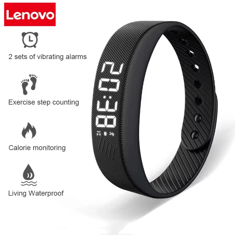 Фото Смарт-браслет Lenovo с LED-дисплеем, водонепроницаемые часы, шагомер, монитор активности, вибрационный будильник-напоминание №1