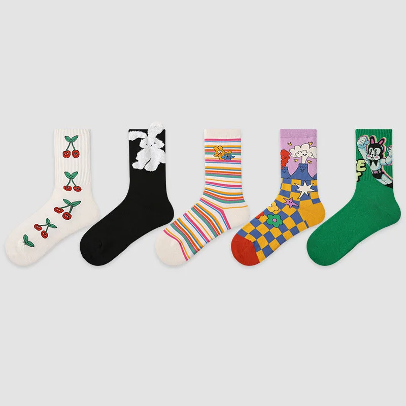 

5 Pairs/lot Original Design Autumn Cotton Middle Tube Socks For Women Cute Cartoon 3D Rabbit Design Cute Cherry Y2K Girl Socks