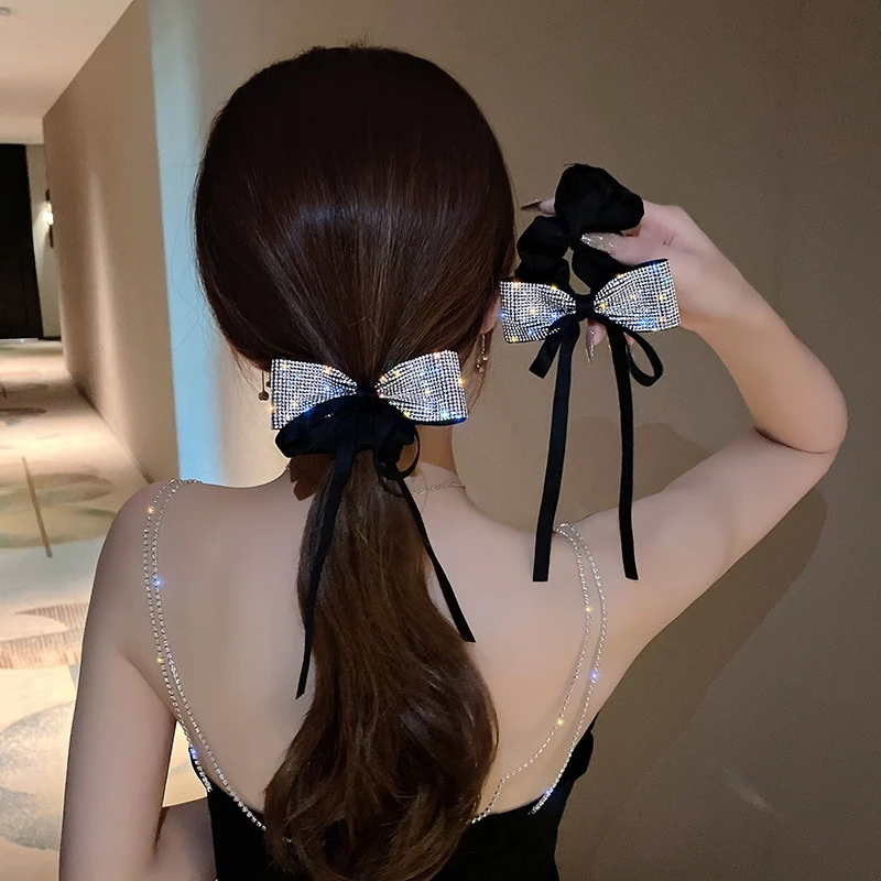 

Women Elegant Bow Ribbon Scrunchies Fashion Girls Simple Rhinestone Wrap Hair Rope Design Korean Ponytail Girl Hair Accessories