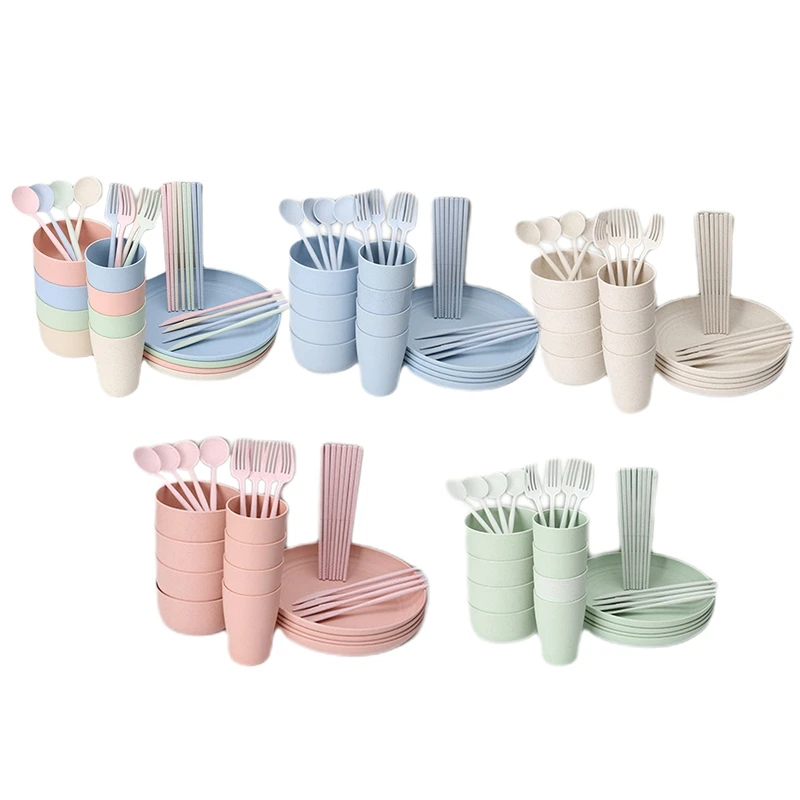 

28 Pcs Dinner Set, Lightweight & Unbreakable Camping Plates and Cutlery Set, Large Dinner Plates, Cups, Bowls, Cutlery