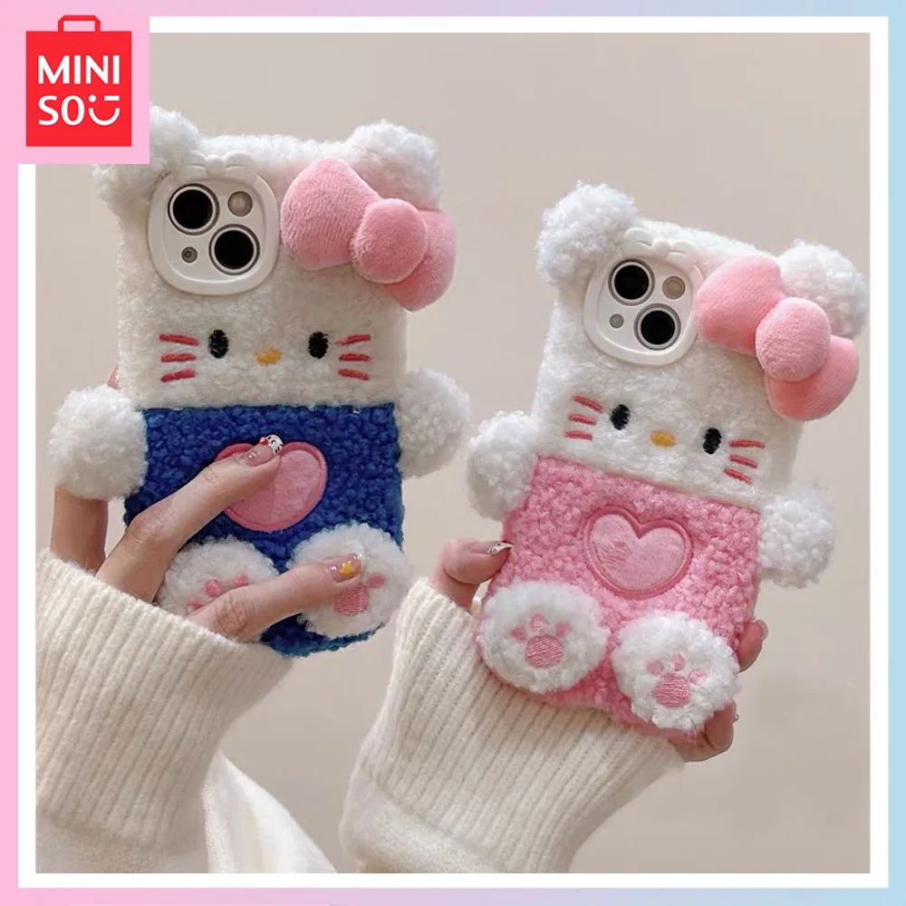 

Miniso Pink Plush Hello Kitty iPhone15Promax Phone Case 14 Girls 13 Cute 12 Cartoon Anti Fall11 Birthday Christmas Gift
