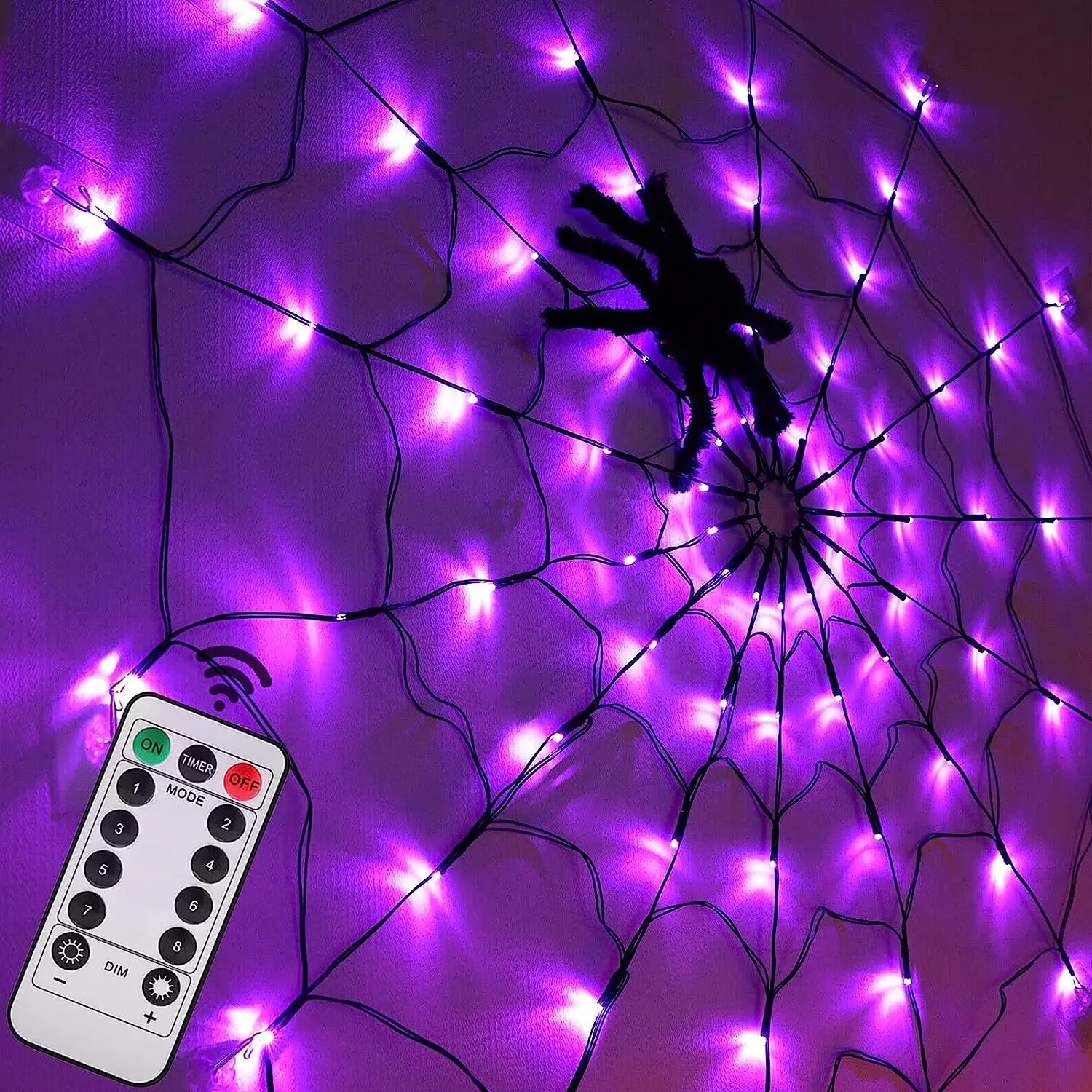 

Halloween Spider Web Lights with Black Spider 8 Modes LED Cobweb Light Waterproof Purple Net Lights for Party Yard Bar Haunted