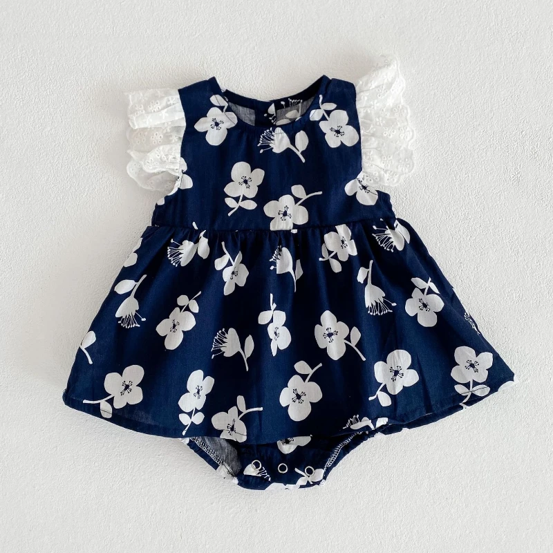 

HoneyCherry 2022 summer girl baby cotton flower print flying sleeve triangle skirt romper newborn girl clothes