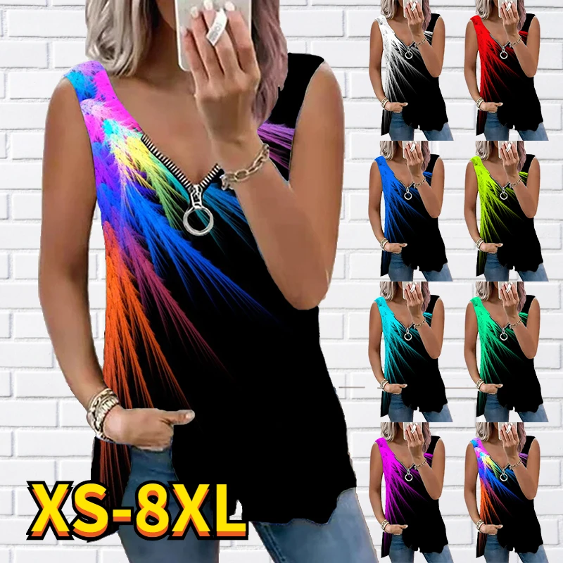 

2022 Women Summer tank tops Loose Zipper sleeveless V-neck print vest summer Sexy Streetwear Fashion plus size Basic pullover