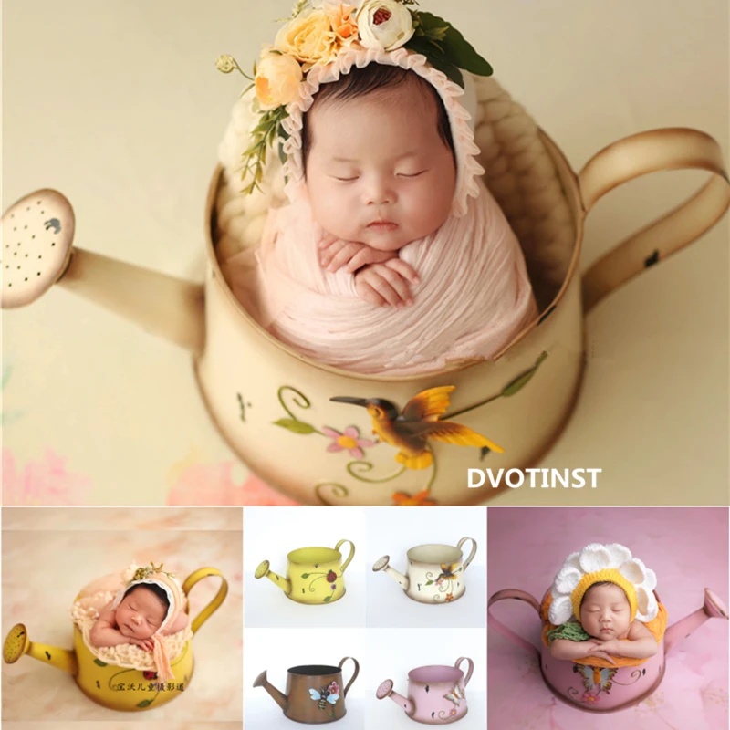 Dvotinst Newborn Baby Photography Props Vintage Iron Floral Bucket Posing Print Flower Pot Accessories Studio Shoot Photo Props