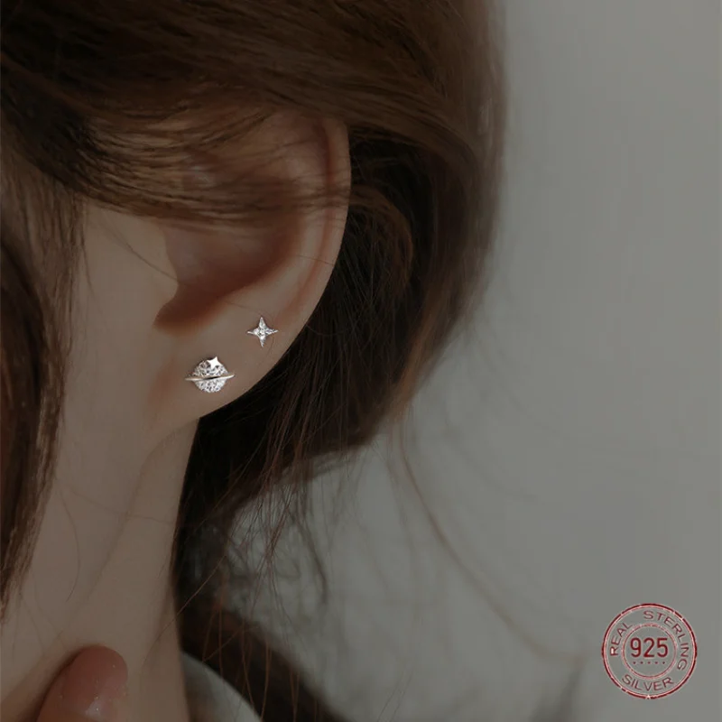 

Asymmetrical Planet Stud Earrings for Women Exquisite Zircon Engagement Earring Piercing Jewelry 925 Sterling Silver Gift
