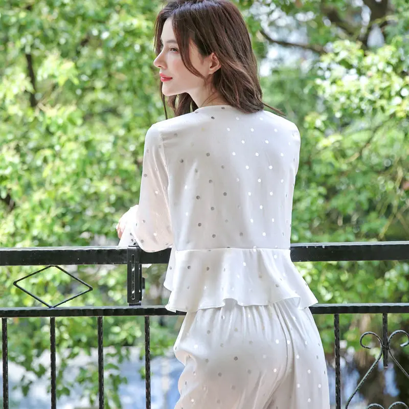 QWEEK Designer Clothes Women Luxury Sleepwear 2 Piece Set Trouser Suits White Pajamas Shiny Home Suit Long Sleeve Top + Pants