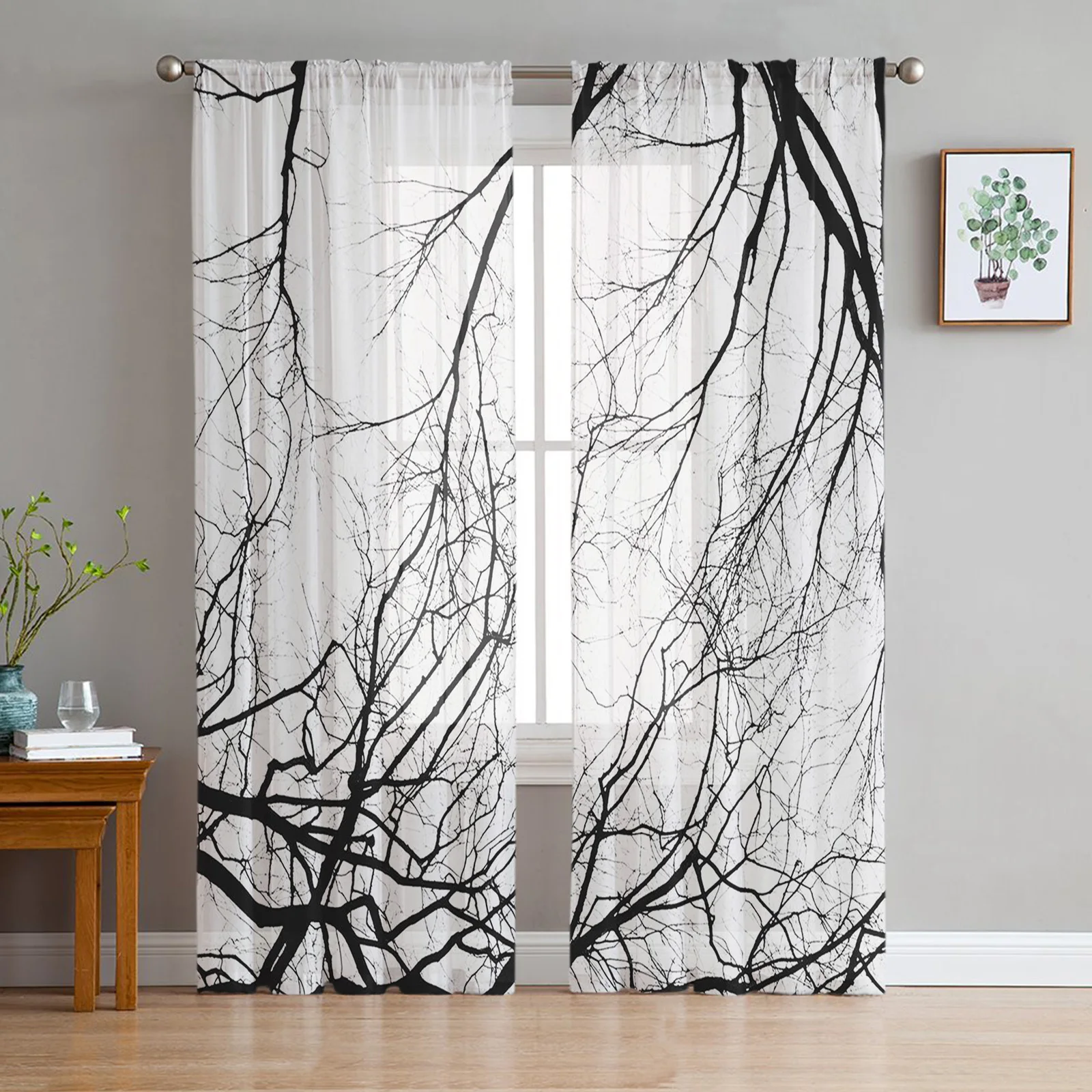 

Silhouette Of Branches Tree Window Curtains Bedroom Modern Drape Sheer Tulle Valances Living Room Kitchen Voile Curtain