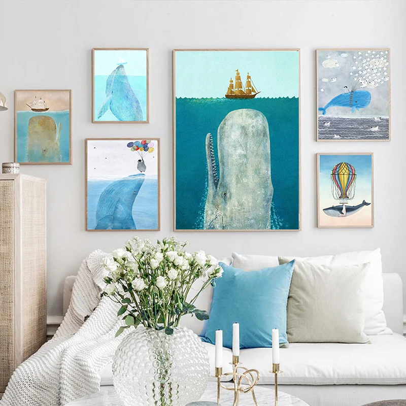 

Скандинавский мультяшный Милый Постер, настенная Картина на холсте, рисунок Кита, Дельфина, современный домашний синий декор, художественная картина для общежития, дизайн