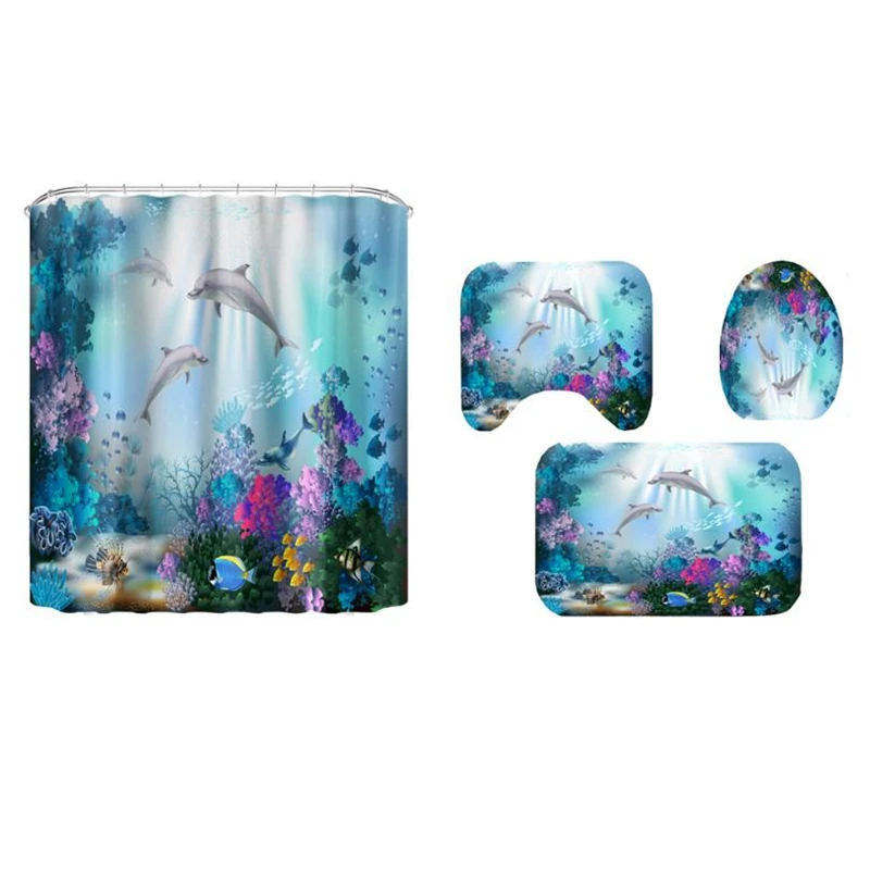 

3D Ocean Dolphin Shower Curtain Waterproof Toilet Cover Lid Bath Curtain Floor Mat For Bedroom