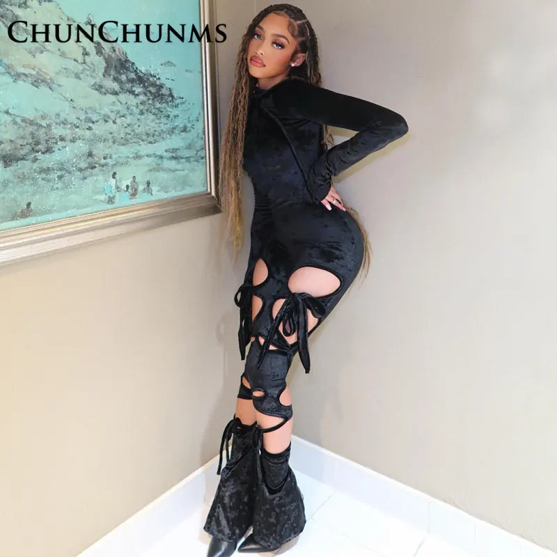 Sexy Black Velvet Lace-up Hollow Out Jumpsuit Hooded Women Slim Lifting Hip Romper Club Party Outfit Tight One Piece Pant 2023