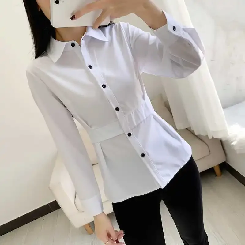 Новинка Весна 2024 Женская приталенная рубашка однотонная универсальный базовый