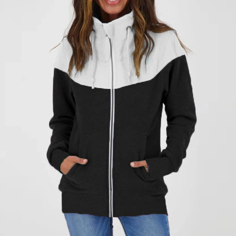 

Autumn Winter Women's Hoodies Turtleneck Color Matching Long Sleeve Loose Fashion Sweatshirts Vintage Warm Hooded Zipper Outwear