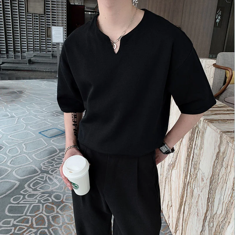 

SYUHGFA Men Clothing Short Sleeve Harajuku T-shirt 2022 Summer New V-neck Tee Tops Solid Color Oversized T-shirts For Male