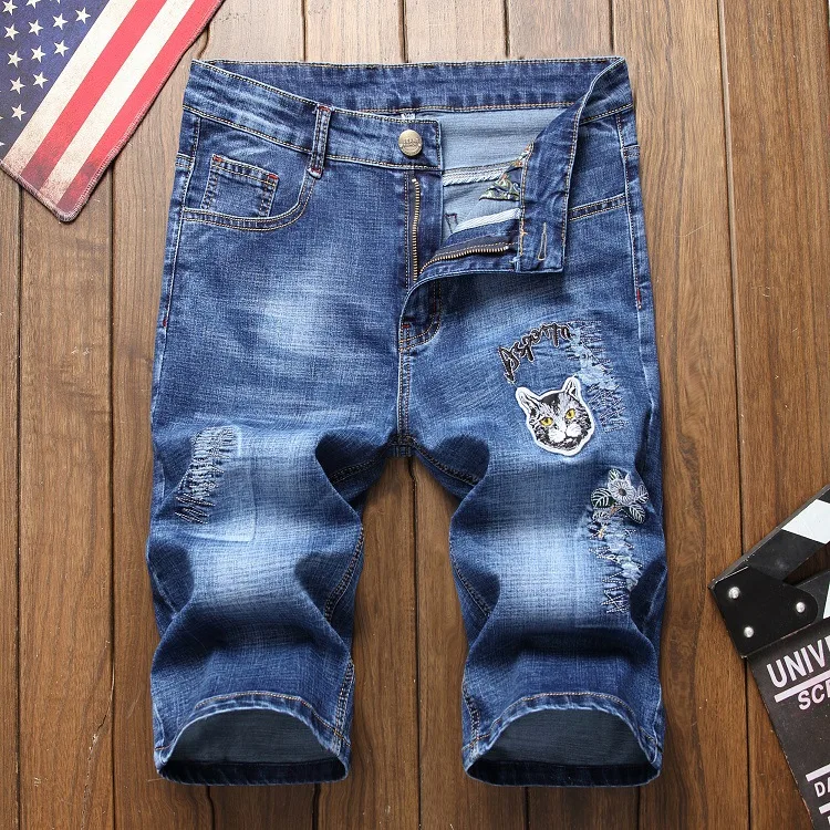 New Men's Summer Jeans Thin Embroidered Denim Shorts Men's Individualized Loose Straight Trendy Mid pants