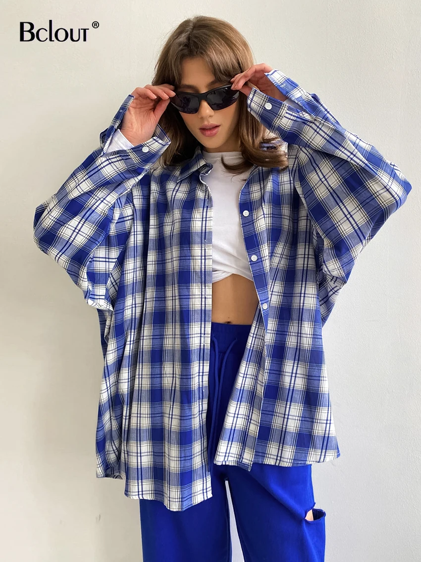 

Bclout Модные клетчатые блузки для женщин 2022 зимние хлопковые синие свободные рубашки с длинным рукавом Уличная одежда желтые вечерние рубашк...