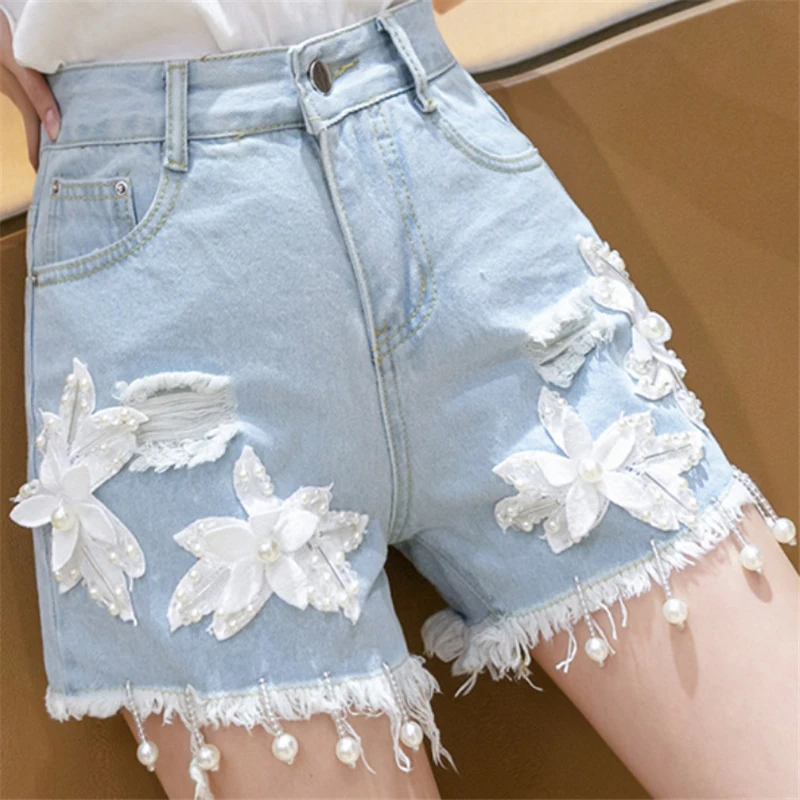 Summer Flowers Beaded Fashion Shorts Jeans Oversize S-XL Denim Shorts Women Ripped Sexy Washed Jeans Shorts Harajuku Streetwear