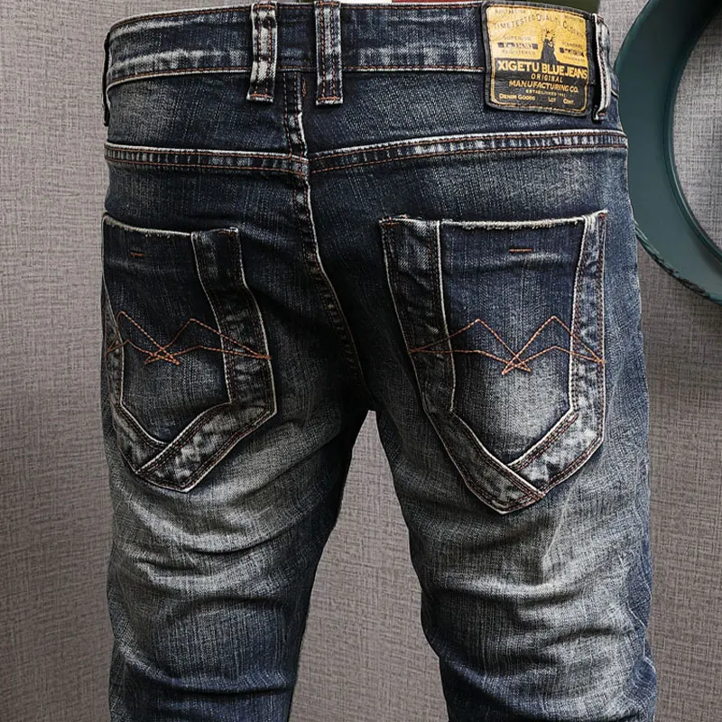 Fashion Trendy Men Jeans Retro Black Blue Elastic Stretch Slim Vintage Ripped Jeans Embroidery Patched Designer Denim Pants Men
