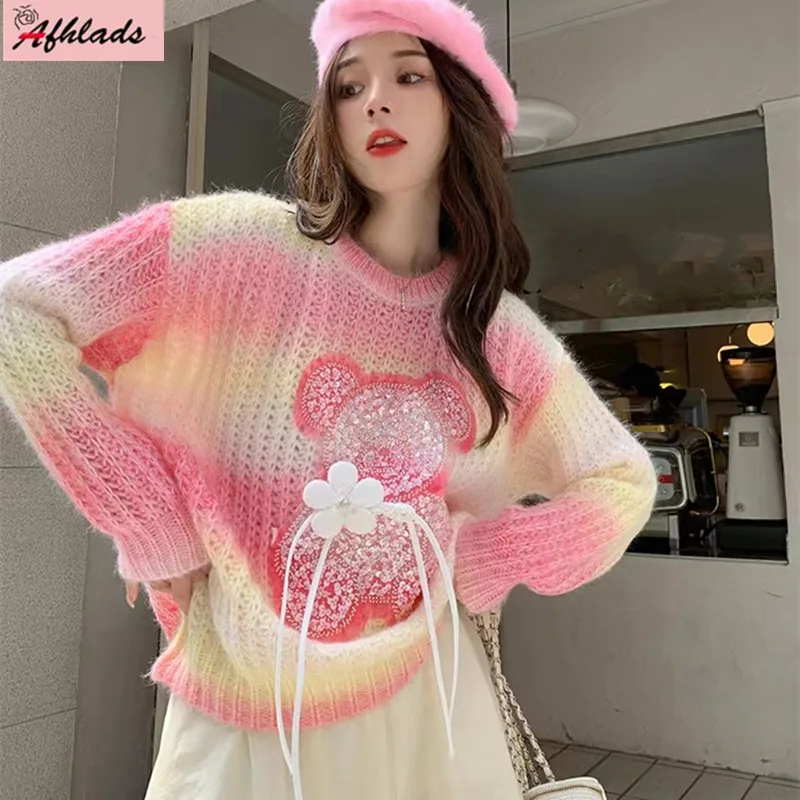 

Дизайнерский свитер в полоску с прямыми блестками и длинными рукавами с героями мультфильмов, новинка, осенняя Милая Свободная верхняя одежда, пуловер, вязаная женская одежда