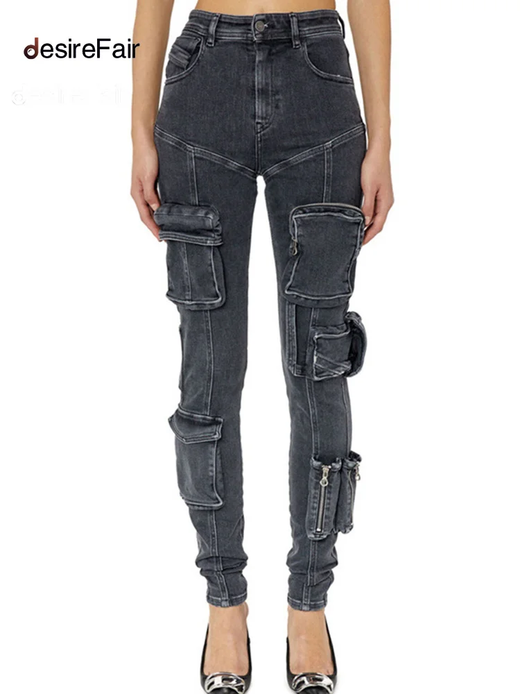 Trendy New multi-Pocket Patchwork Dark Grey Women Spring Retro Zip Slightly Elastic Slim High Waist Work Jeans