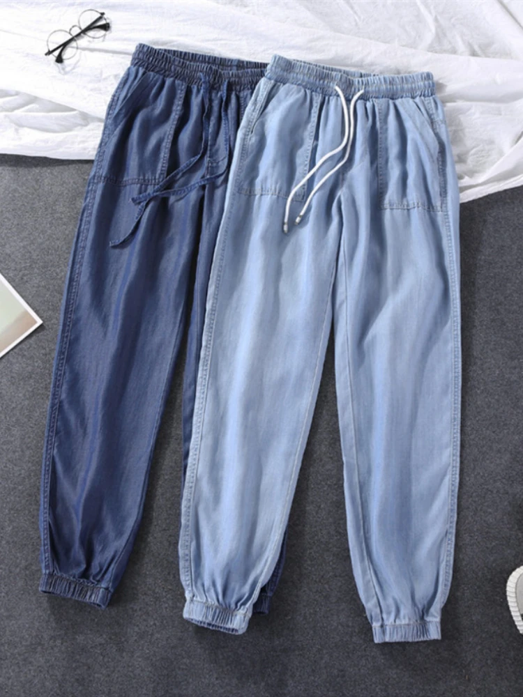 Women Pants Summer New 2023 LOOSE Lace-up Thin High Elastic Woman Jeans Oversize Trousers Soft Cool Female Casual Denim Pants