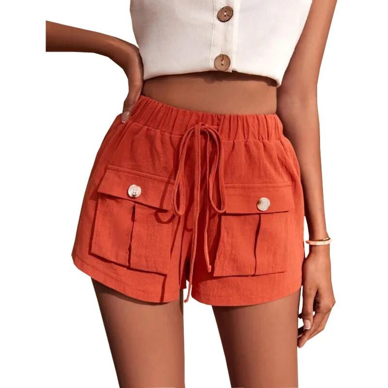 2023 Summer New Women's Fashion Casual Solid Cargo pants Pocket Loose Mid Waist Drawstring Straight Tube Beach Shorts