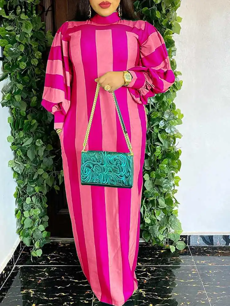 VONDA Plus Size Women Party Dress 2023 Bohemian Long Puff Sleeve Vestidos Casual Loose Maxi Sundress Bohemian Striped Robe