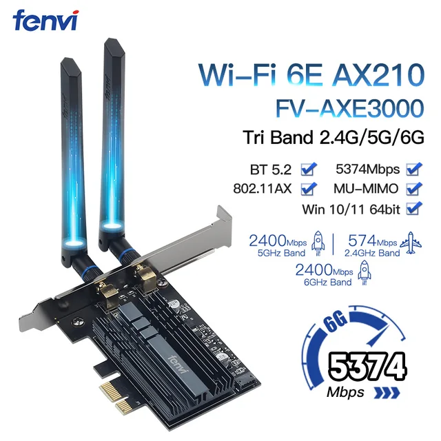 Fenvi 5374 Мбит/с WiFi 6E Intel AX210 PCIe беспроводной WiFi адаптер 2,4G/5G/6 ГГц 802.11AX для Bluetooth 5,2 AX200 WiFi 6 карт ПК Win10 