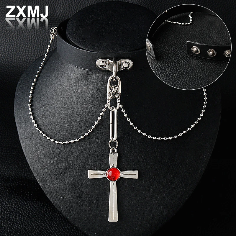 

ZXMJ 2022 New Anime Necklace Cross Pendant Punk Necklace Cos Vampire Red Night Mengxiang Necklace Leather Collar Chain Jewelry